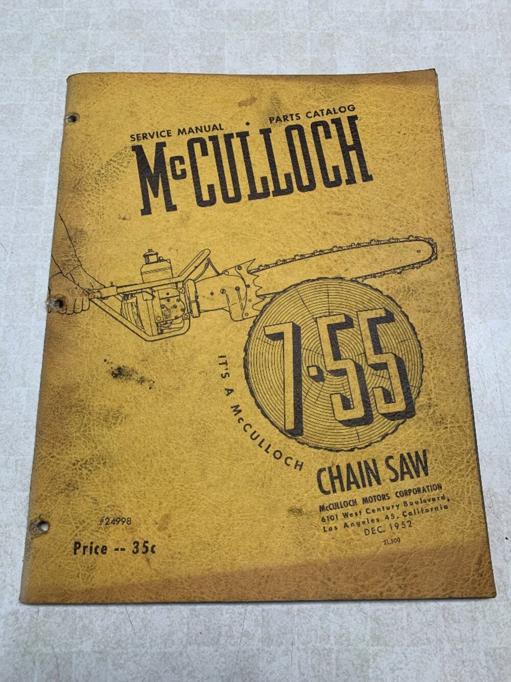McCulloch 7-55 Chainsaw 1952 Service Manual Parts Catalog for Vintage Chain Saw